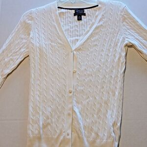 Tommy Hilfiger Long Sleeve White Button up Sweater. Office Modest, Minimalist.